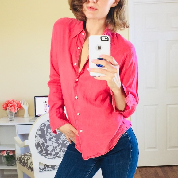 J. Crew Tops - Vtg J. CREW 100% Linen Salmon Pink Button Down L